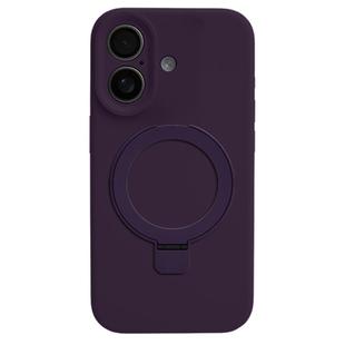 For iPhone 16 Precision Hole Liquid Silicone MagSafe Metal Ring Holder Phone Case(Dark Purple)