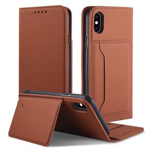 For iPhone XS Max Strong Magnetism Shockproof Horizontal Flip Liquid Feel Leather Case with Holder & Card Slots & Wallet(Brown)