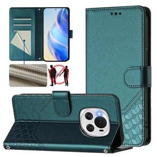 For Honor Magic6 5G Honeycomb Embossing RFID Leather Phone Case(Peacock Green)