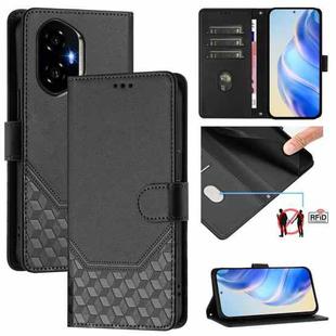 For Honor 300 5G Honeycomb Embossing RFID Leather Phone Case(Black)