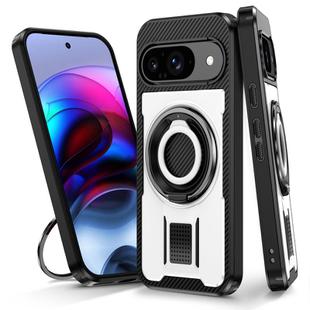 For Google Pixel 9 / 9 Pro Ring Holder Carbon Fiber PC Hybrid TPU Phone Case(White)