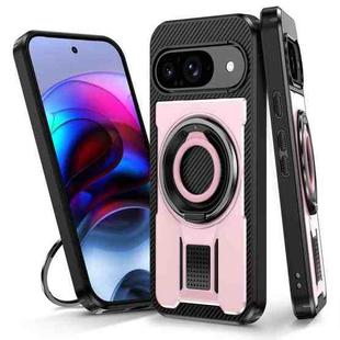 For Google Pixel 9 / 9 Pro Ring Holder Carbon Fiber PC Hybrid TPU Phone Case(Rose Gold)