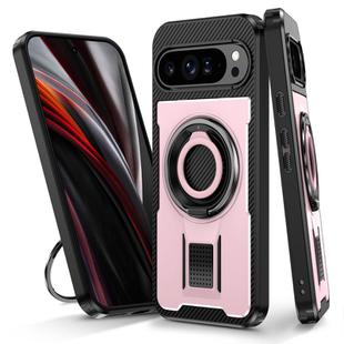 For Google Pixel 9 Pro XL Ring Holder Carbon Fiber PC Hybrid TPU Phone Case(Rose Gold)