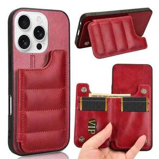 For iPhone 16 Pro Cow Pattern Sewing Card Bag Phone Case(Red)