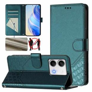 For Redmi Note 13 5G Global Honeycomb Embossing RFID Leather Phone Case(Peacock Green)