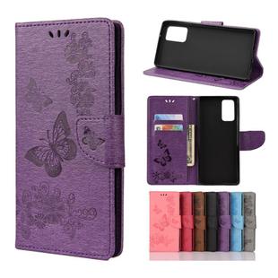 For Samsung Galaxy Note20 Butterflies Embossing Horizontal Flip Leather Case with Holder & Card Slots & Wallet(Purple)