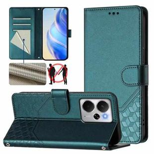 For Realme 14 5G / 14T 5G Global Honeycomb Embossing RFID Leather Phone Case(Peacock Green)