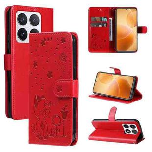 For Xiaomi 14T Pro Cat and Bee Embossed Flip Leather Phone Case(Red)