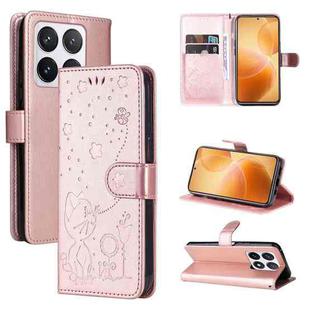 For Xiaomi 14T Pro Cat and Bee Embossed Flip Leather Phone Case(Rose Gold)