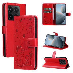 For Xiaomi 14T Cat and Bee Embossed Flip Leather Phone Case(Red)