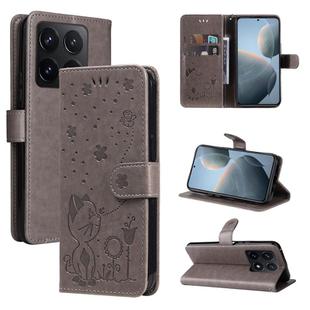 For Xiaomi 14T Cat and Bee Embossed Flip Leather Phone Case(Grey)