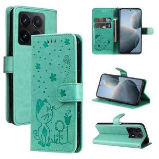 For Xiaomi 14T Cat and Bee Embossed Flip Leather Phone Case(Green)