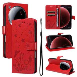 For Xiaomi 15 Ultra 5G Global Cat and Bee Embossed Flip Leather Phone Case(Red)