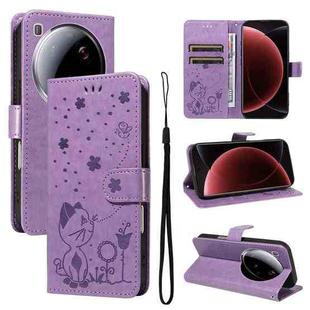 For Xiaomi 15 Ultra 5G Global Cat and Bee Embossed Flip Leather Phone Case(Purple)