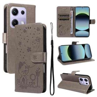For Xiaomi Poco M6 Pro 4G Global Cat and Bee Embossed Flip Leather Phone Case(Grey)