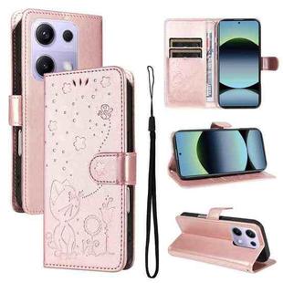 For Xiaomi Poco M6 Pro 4G Global Cat and Bee Embossed Flip Leather Phone Case(Rose Gold)