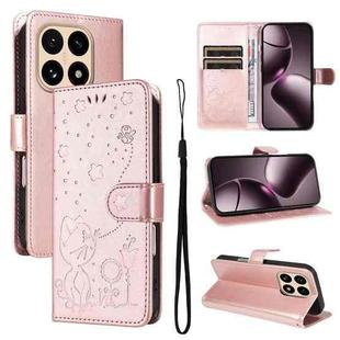 For Xiaomi 15T 5G Cat and Bee Embossed Flip Leather Phone Case(Rose Gold)