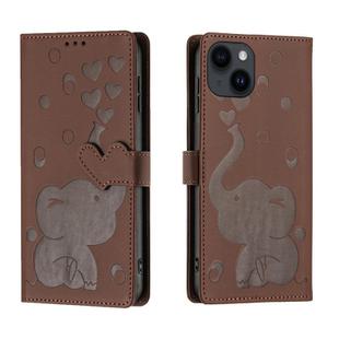 For iPhone 14 Plus Cartoon Elephant Embossed Leather Phone Case(Brown)