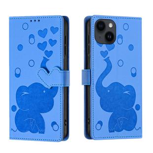 For iPhone 14 Cartoon Elephant Embossed Leather Phone Case(Blue)