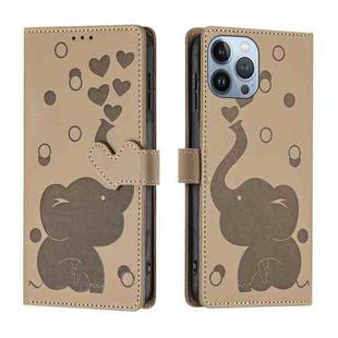 For iPhone 13 Pro Cartoon Elephant Embossed Leather Phone Case(Khaki)