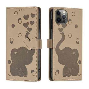 For iPhone 12 Pro Max Cartoon Elephant Embossed Leather Phone Case(Khaki)