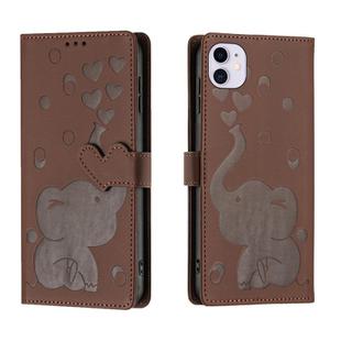 For iPhone 11 Cartoon Elephant Embossed Leather Phone Case(Brown)