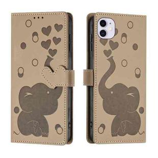 For iPhone 11 Cartoon Elephant Embossed Leather Phone Case(Khaki)