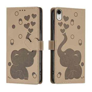 For iPhone XR Cartoon Elephant Embossed Leather Phone Case(Khaki)