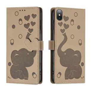 For iPhone X / XS Cartoon Elephant Embossed Leather Phone Case(Khaki)