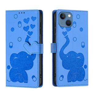 For iPhone 13 Cartoon Elephant Embossed Leather Phone Case(Blue)