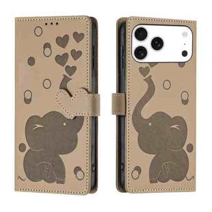 For iPhone 17 Pro Max Cartoon Elephant Embossed Leather Phone Case(Khaki)