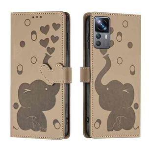 For Xiaomi 12T / 12T Pro Cartoon Elephant Embossed Leather Phone Case(Khaki)