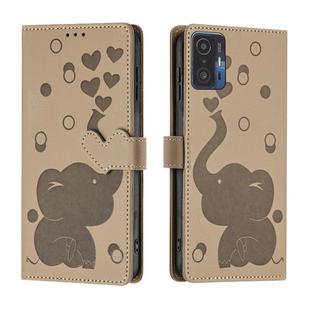 For Xiaomi 11T / 11T Pro Cartoon Elephant Embossed Leather Phone Case(Khaki)