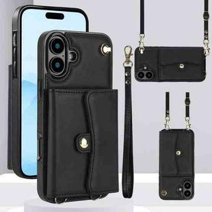 For iPhone 16 RFID Card Slot Phone Case with Long Lanyard(Black)