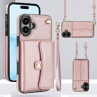 For iPhone 16 RFID Card Slot Phone Case with Long Lanyard(Rose Gold)