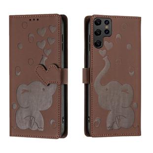 For Samsung Galaxy S22 Ultra 5G Cartoon Elephant Embossed Leather Phone Case(Brown)