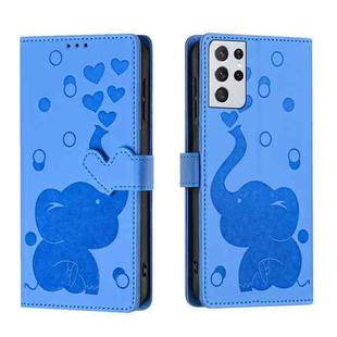 For Samsung Galaxy S21 Ultra 5G Cartoon Elephant Embossed Leather Phone Case(Blue)