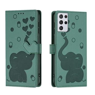 For Samsung Galaxy S21 Ultra 5G Cartoon Elephant Embossed Leather Phone Case(Green)