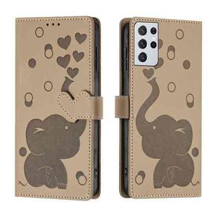 For Samsung Galaxy S21 Ultra 5G Cartoon Elephant Embossed Leather Phone Case(Khaki)