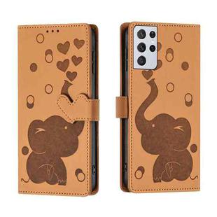 For Samsung Galaxy S21 Ultra 5G Cartoon Elephant Embossed Leather Phone Case(Yellow)