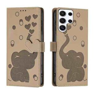 For Samsung Galaxy S25 Ultra 5G Cartoon Elephant Embossed Leather Phone Case(Khaki)