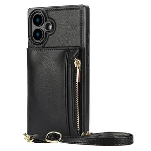 For iPhone 16 Square Zipper Wallet Bag TPU+PU Back Cover Case(Black)