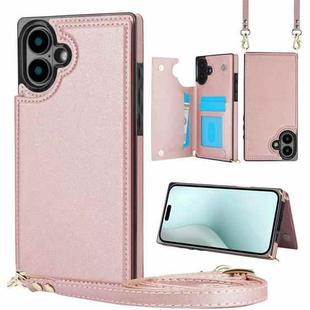 For iPhone 16 Cross-body Square Dual-Buckle Card Flip Wallet Phone Case(Rose Gold)