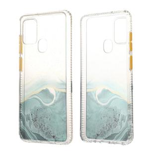 For Samsung Galaxy A21s Marble Pattern Glittery Powder Shockproof TPU + Acrylic Protective Case with Detachable Buttons(Green)