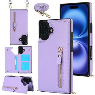 For iPhone 16 Plus Cross-body Zipper Square Phone Case(Purple)