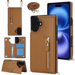 For iPhone 16 Cross-body Zipper Square Phone Case(Brown)