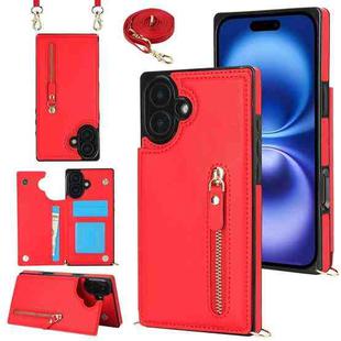 For iPhone 16 Cross-body Zipper Square Phone Case(Red)