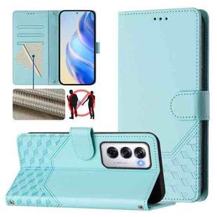 For OPPO Reno12 5G Global Honeycomb Embossing RFID Leather Phone Case(Mint Green)