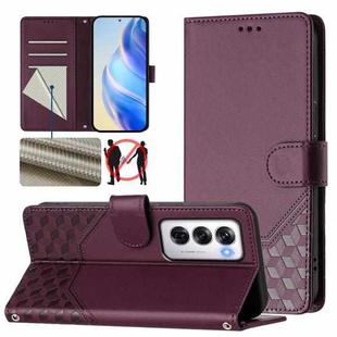 For OPPO Reno12 5G Global Honeycomb Embossing RFID Leather Phone Case(Violet)