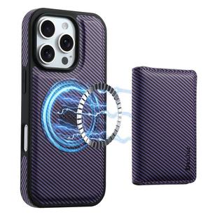 For iPhone 16 Pro Denior Carbon Fiber Texture Leather Card Bag MagSafe Phone Case(Purple)